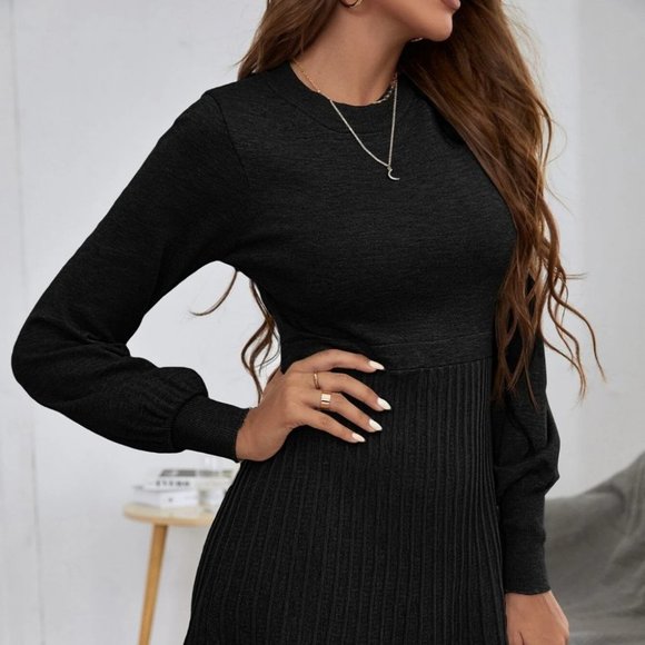 Black Preppy Womens Lantern Sleeve Ribbed Knit Pleated Sweater Dress - Picture 5 of 5